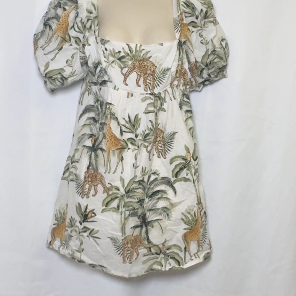 Mary Marshmallow Women’s White Puff-Sleeve Animal Print Mini Dress Medium